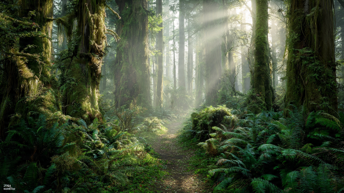 Sunbeam Forest Path with Mossy Trees | HD Wallpaper